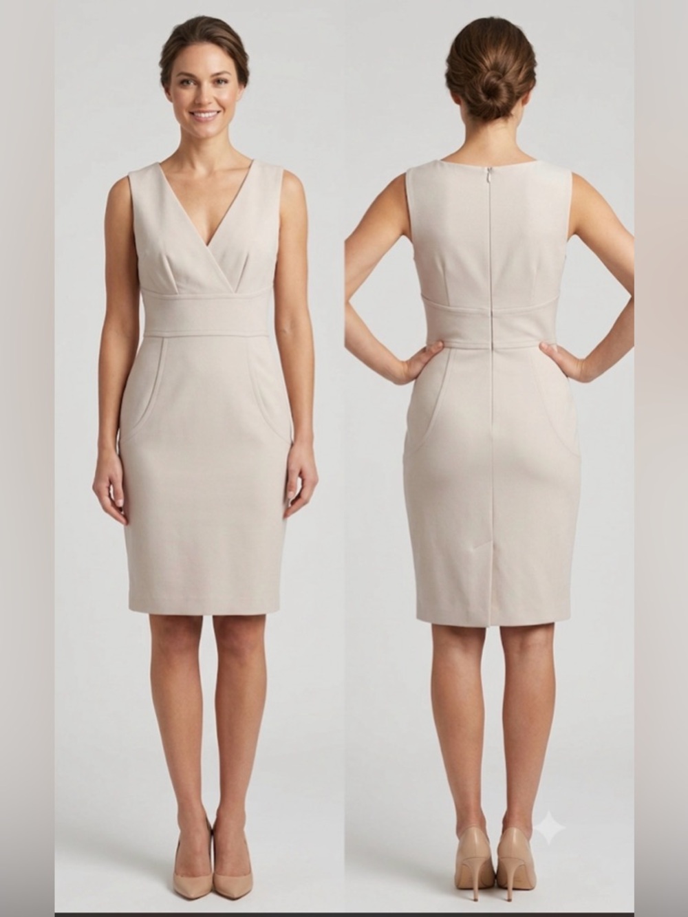 Trina Turk Sleeveless Sheath Dress Stone Beige V-Neck Pockets Career Sz 8